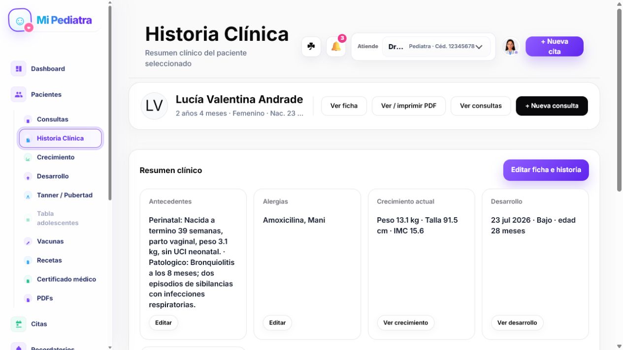 Pantalla real de la historia clínica pediátrica en Mi Pediatra